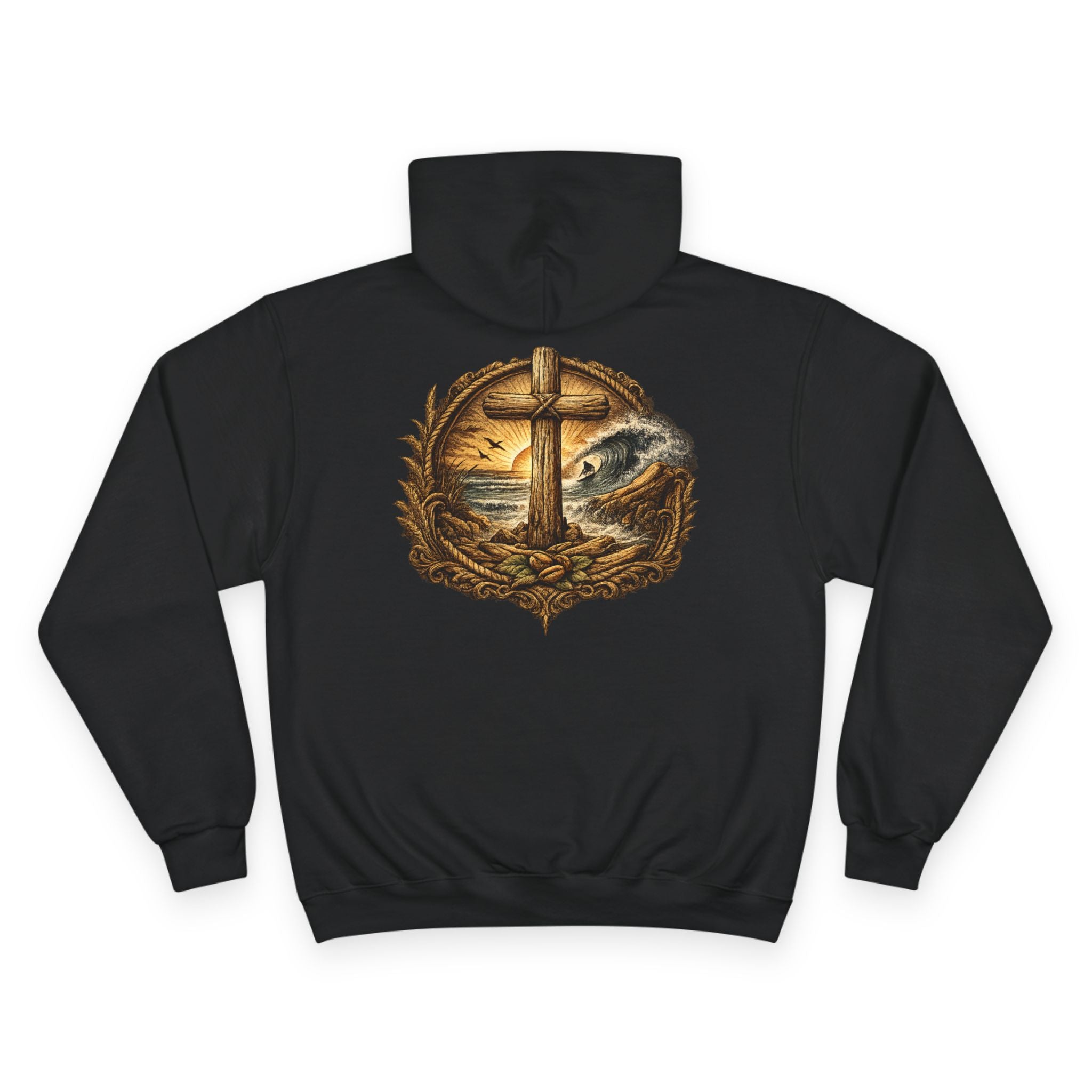 Christian Cross Beach Hoodie — Driftwood Faith Pullover