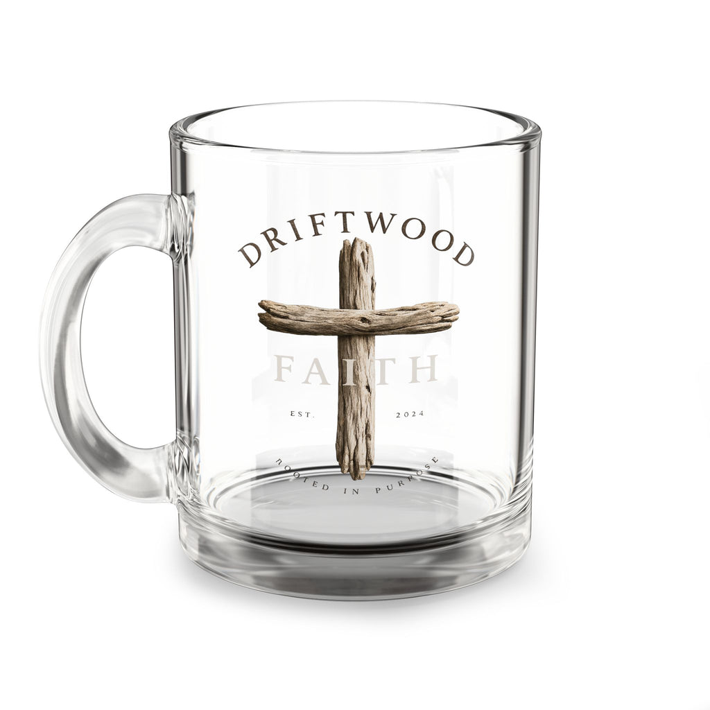 Driftwood Faith Glass Mug — 10oz Religious Coffee Cup with Cross Design