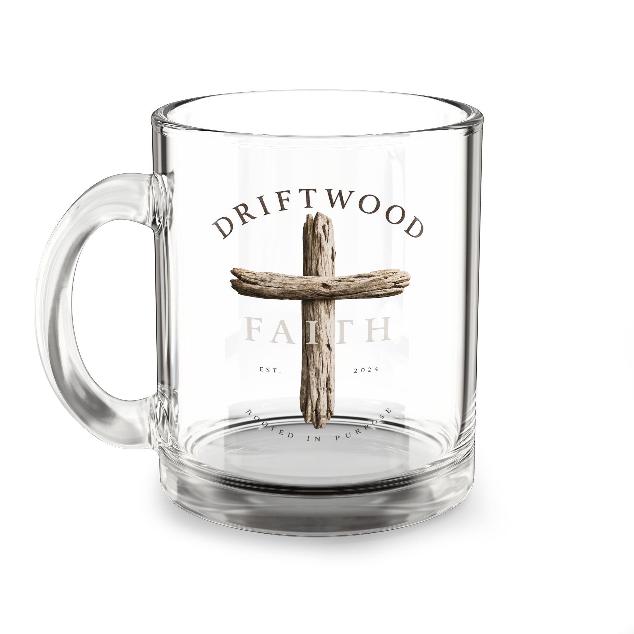 Driftwood Faith Glass Mug — 10oz Religious Coffee Cup with Cross Design