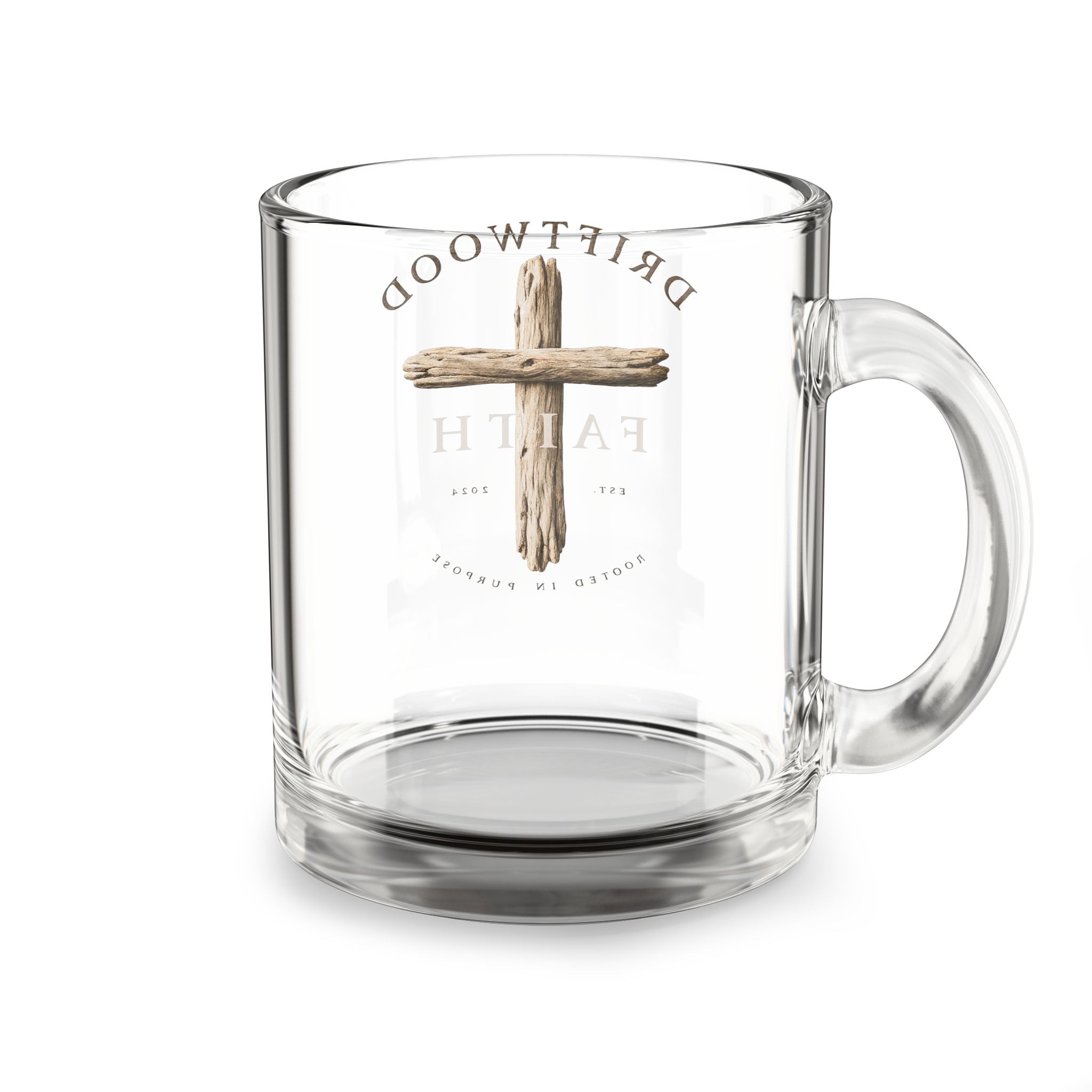 Driftwood Faith Glass Mug — 10oz Religious Coffee Cup with Cross Design