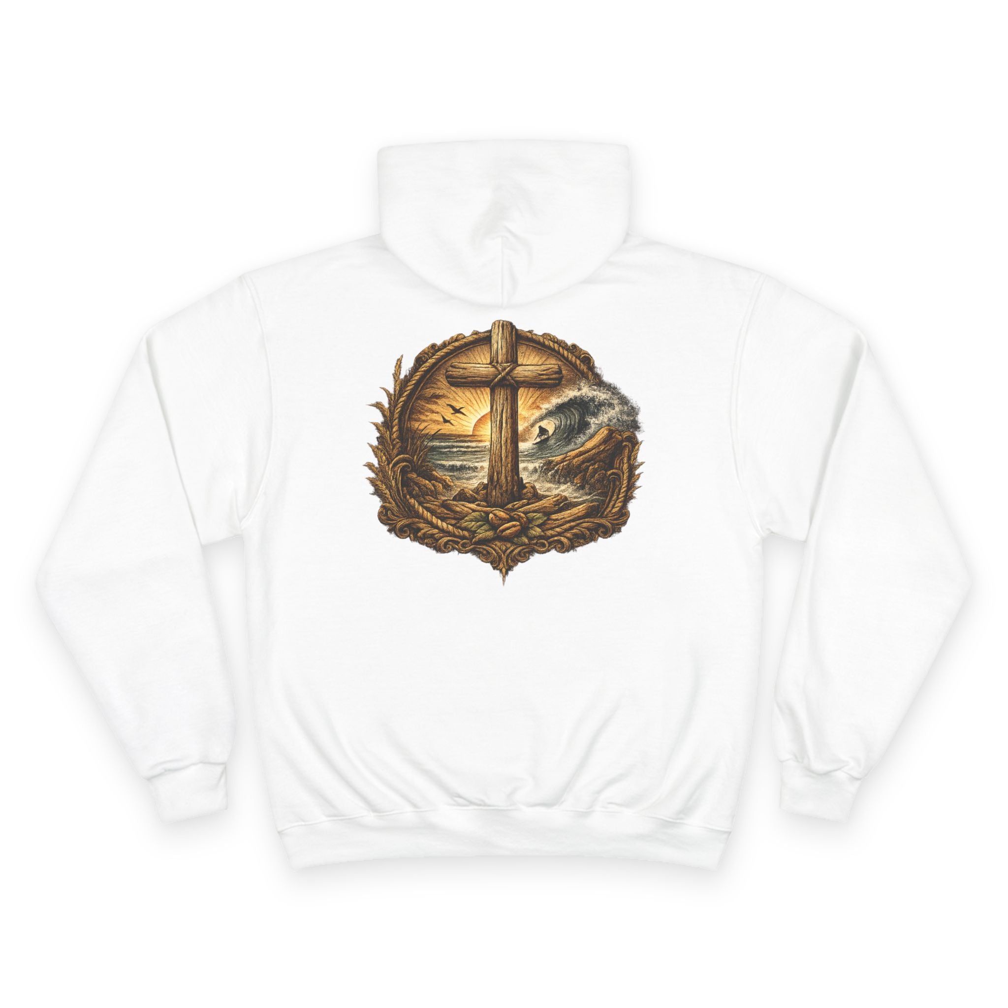 Christian Cross Beach Hoodie — Driftwood Faith Pullover
